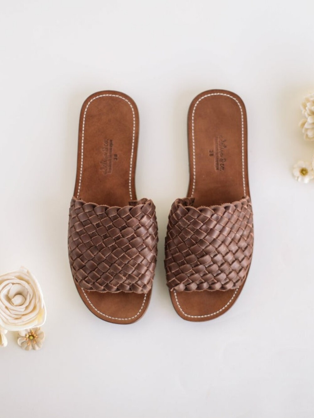 Adelisa & Co Trenza Espresso Woven Leather Slide Sandals